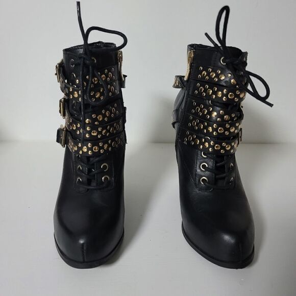 BCBGeneration Larissa Studded Strappy Wedge Lace Up Ankle Boots, Black size 7 - Picture 6 of 13